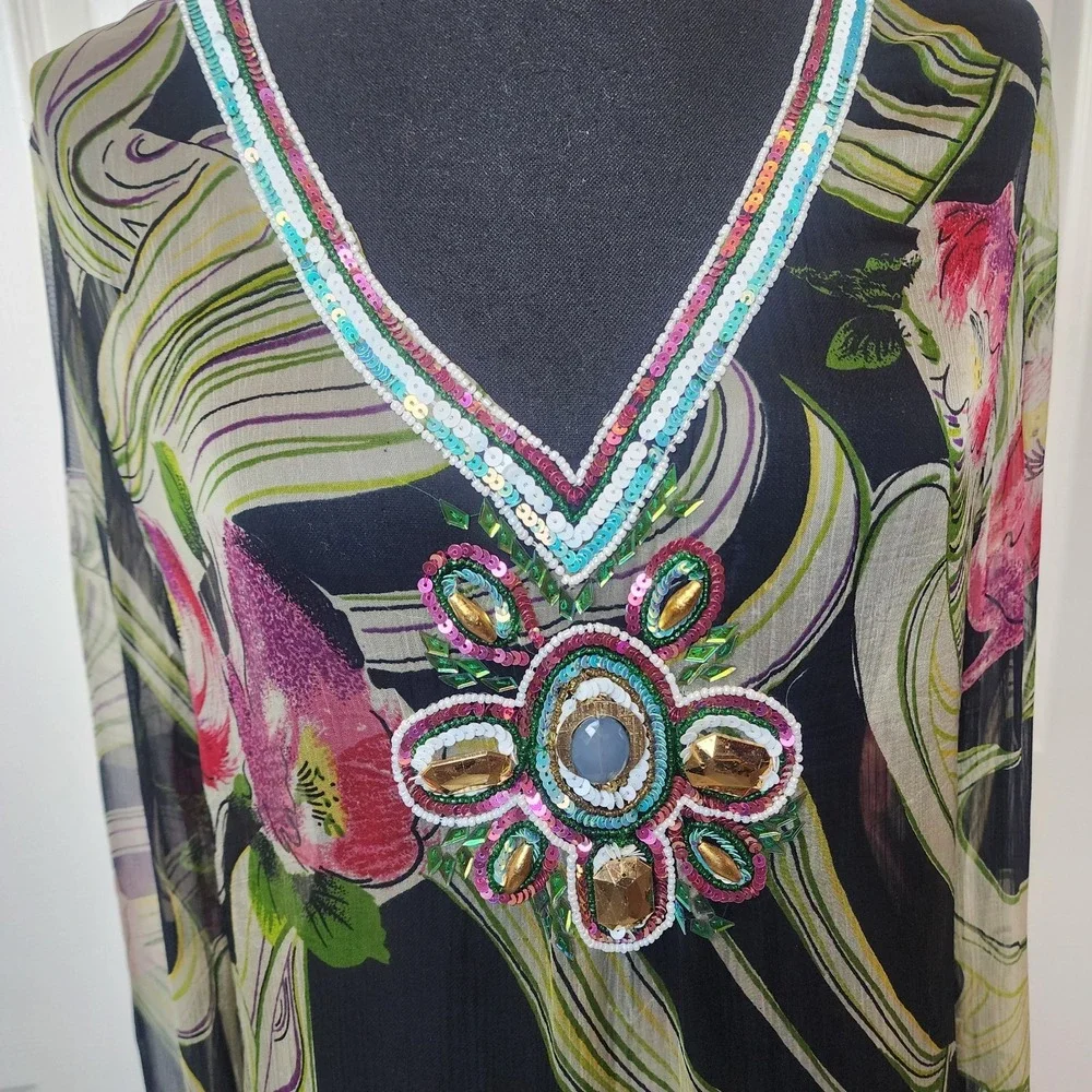 S Embellished Sequin Sheer Cover Up Dress Top Black Floral Resort‎ Cruise Beach